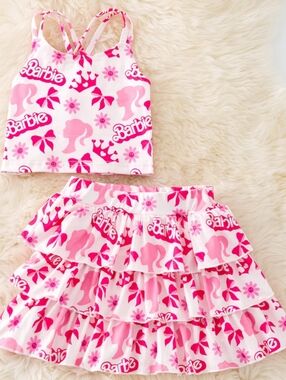 Barbie Pink & White Graphic Ruffle Skirt Set